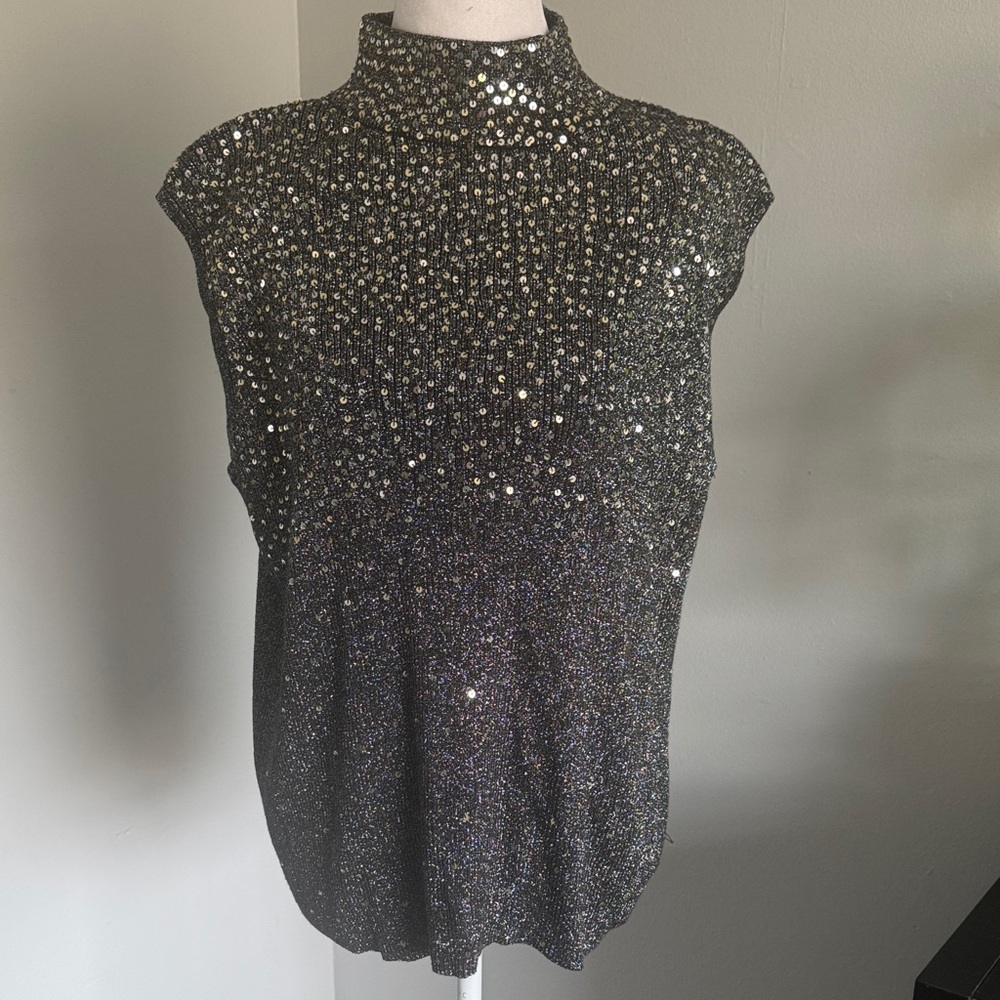 Dressbarn sequin sparkle high neck sleeveless sweater blouse festive holiday
